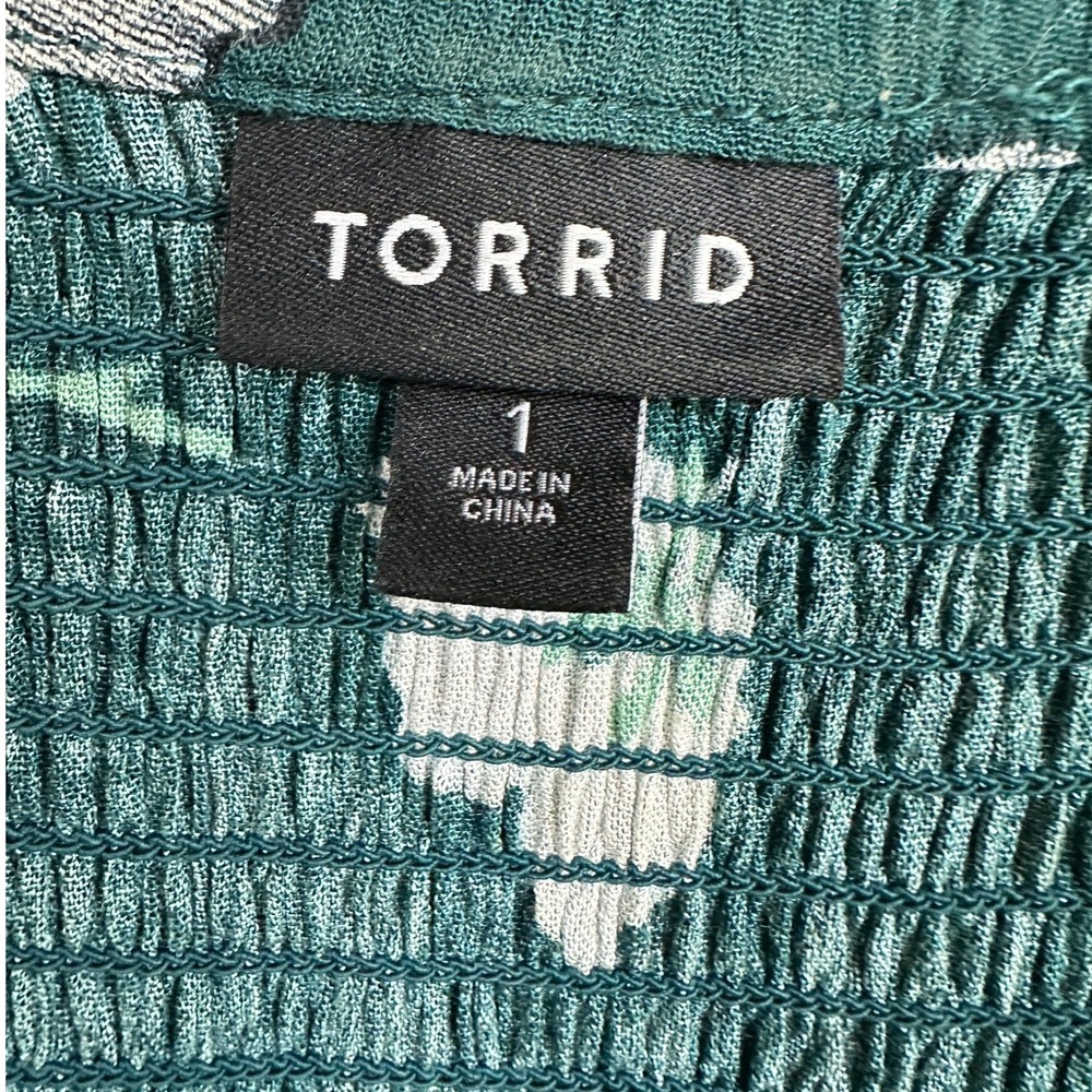 Torrid Babydoll Tunic Teal Floral Smocked Boho Cottagecore Casual Size 1 Casual - Picture 4 of 16